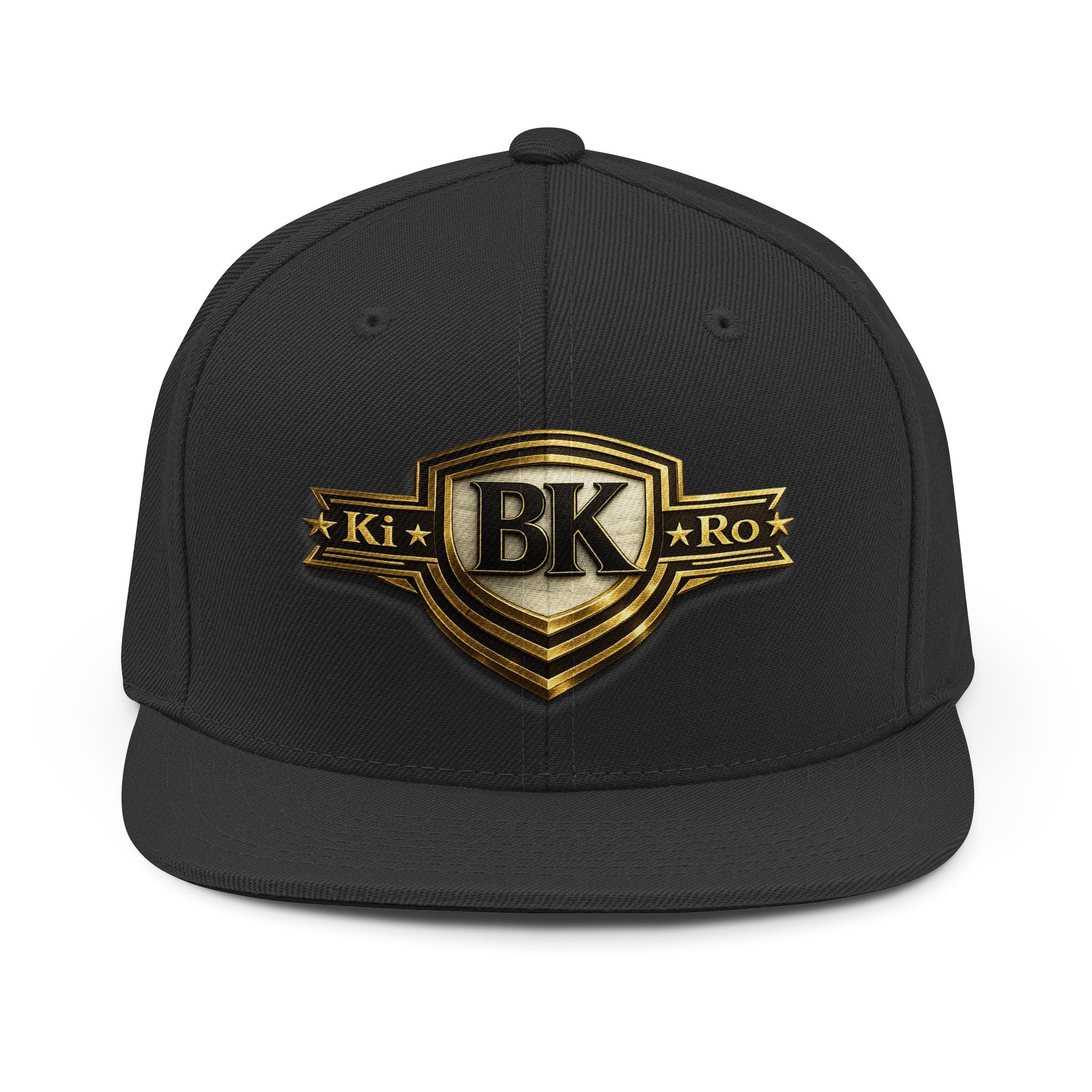 BK Shield Snapback Hat — Gold Embroidered Logo Cap