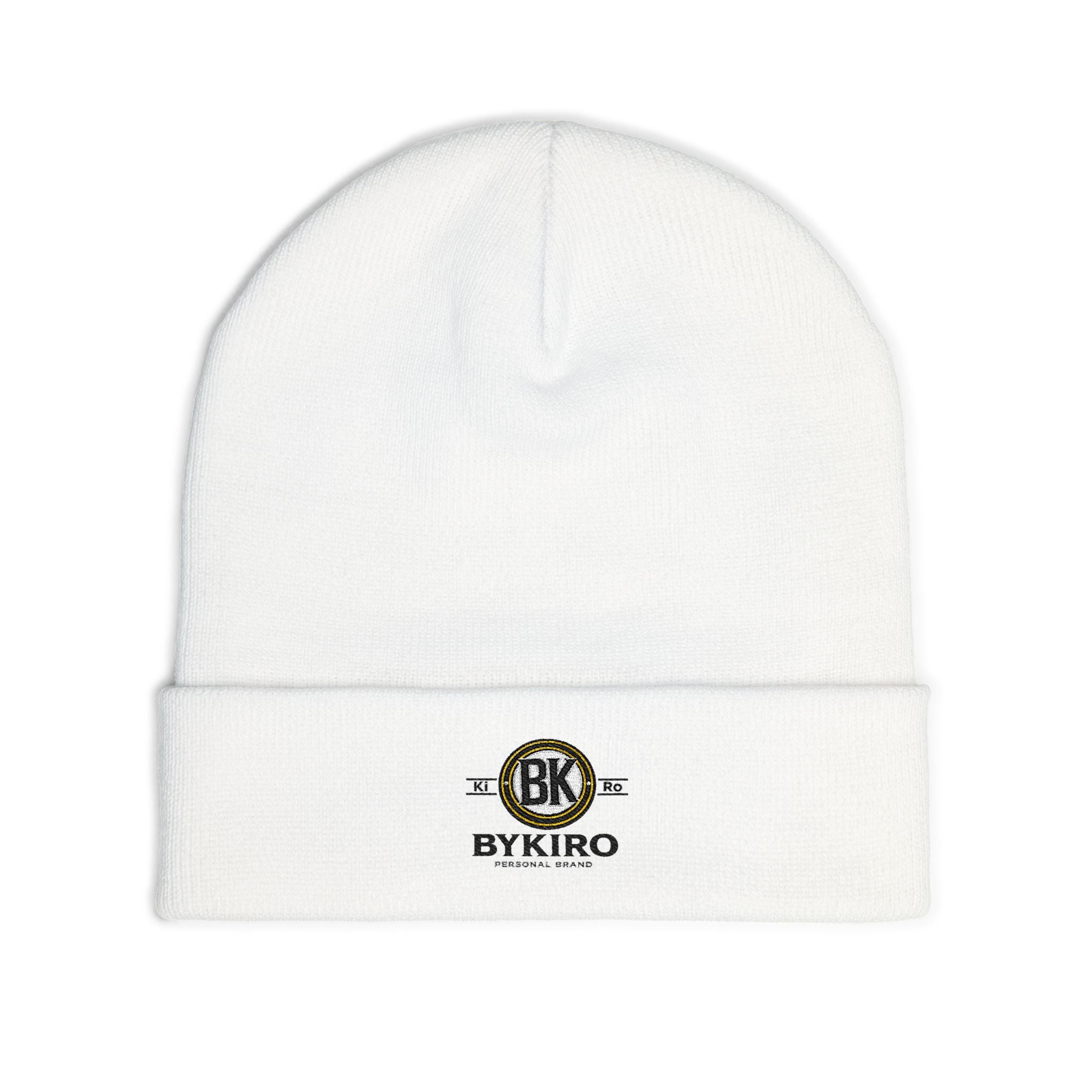 Embroidered BK Bykiro Knit Beanie — White Winter Cuffed Hat