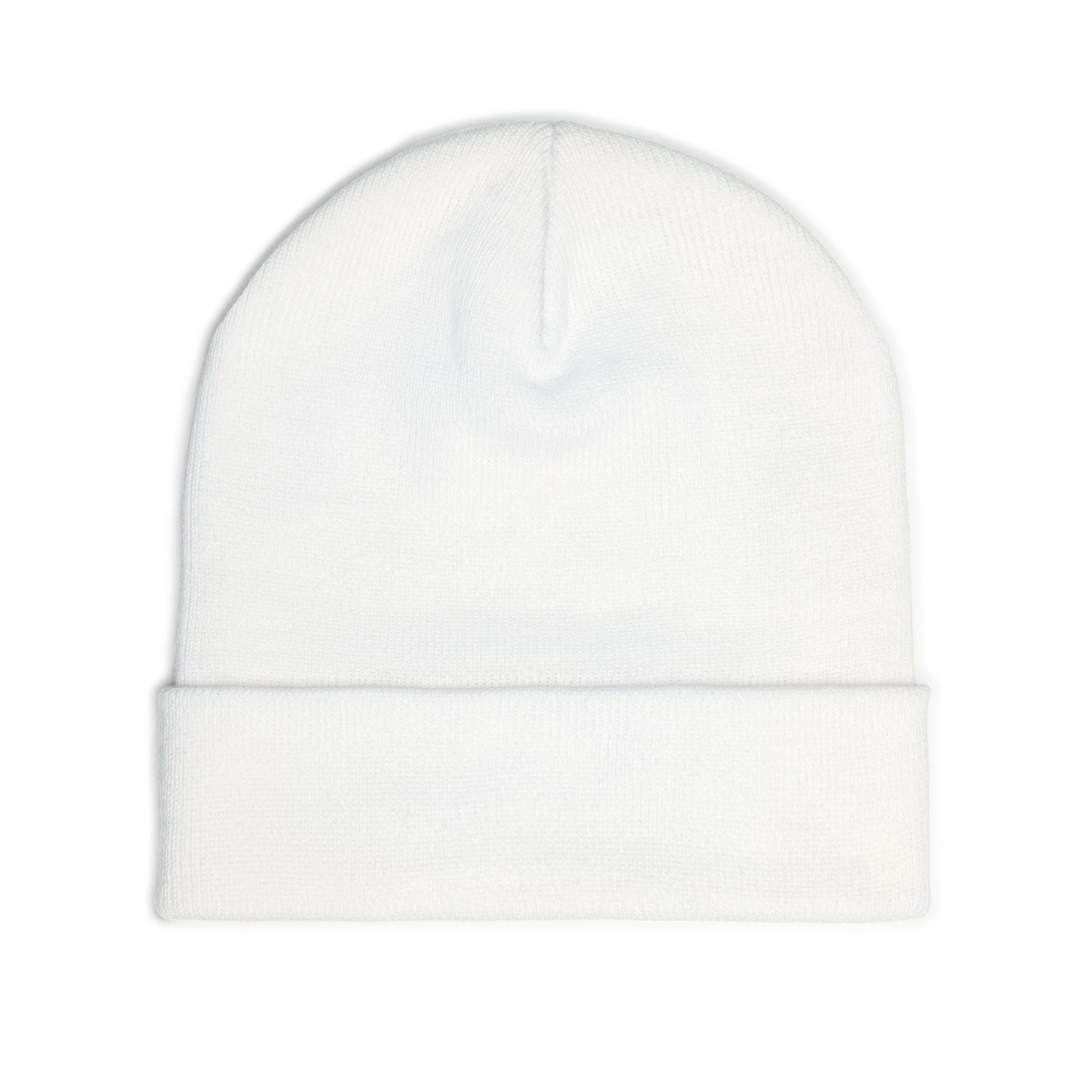 Embroidered BK Bykiro Knit Beanie — White Winter Cuffed Hat