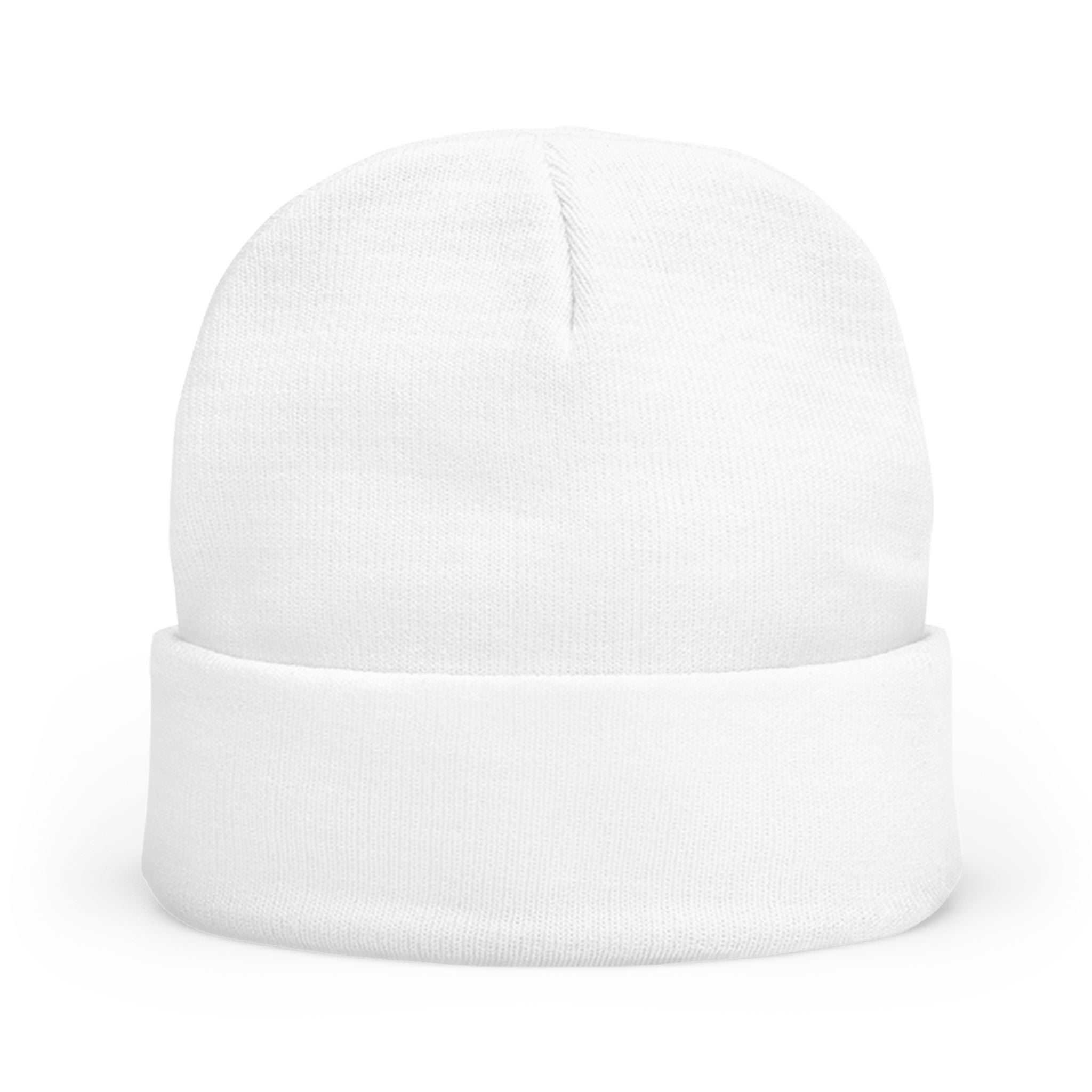 Embroidered BK Bykiro Knit Beanie — White Winter Cuffed Hat